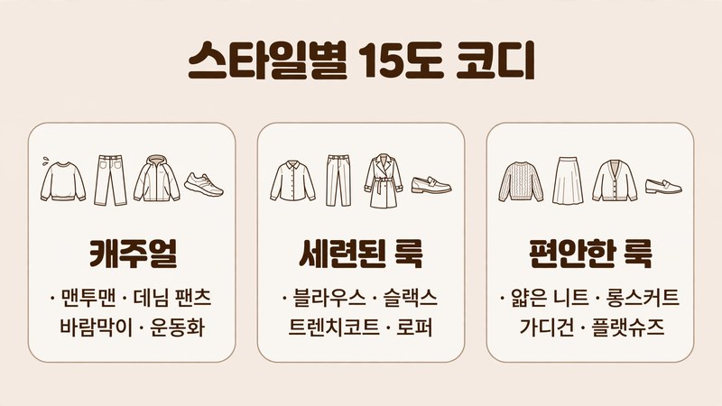 스타일별 15도 코디, 캐주얼과 세련된 룩, 편안한 룩