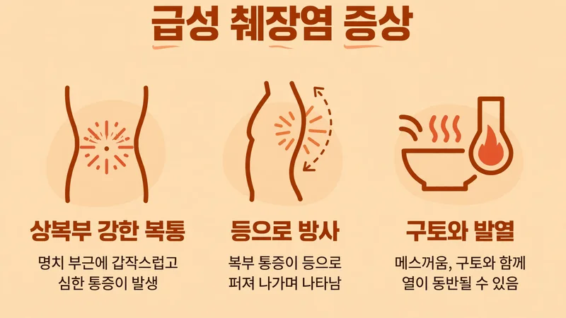 급성 췌장염 증상, 상복부 강한 복통과 등으로 방사, 구토와 발열